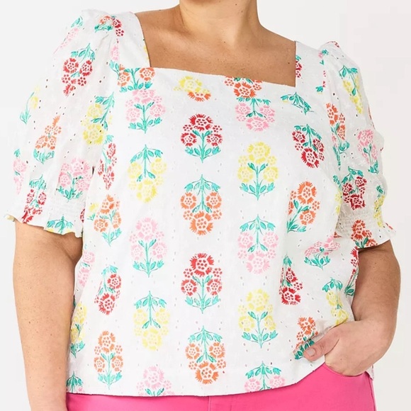 Draper James Top RSVP Floral Smocked Square Neck Eyelet Blouse Women’s 2X - Picture 8 of 10